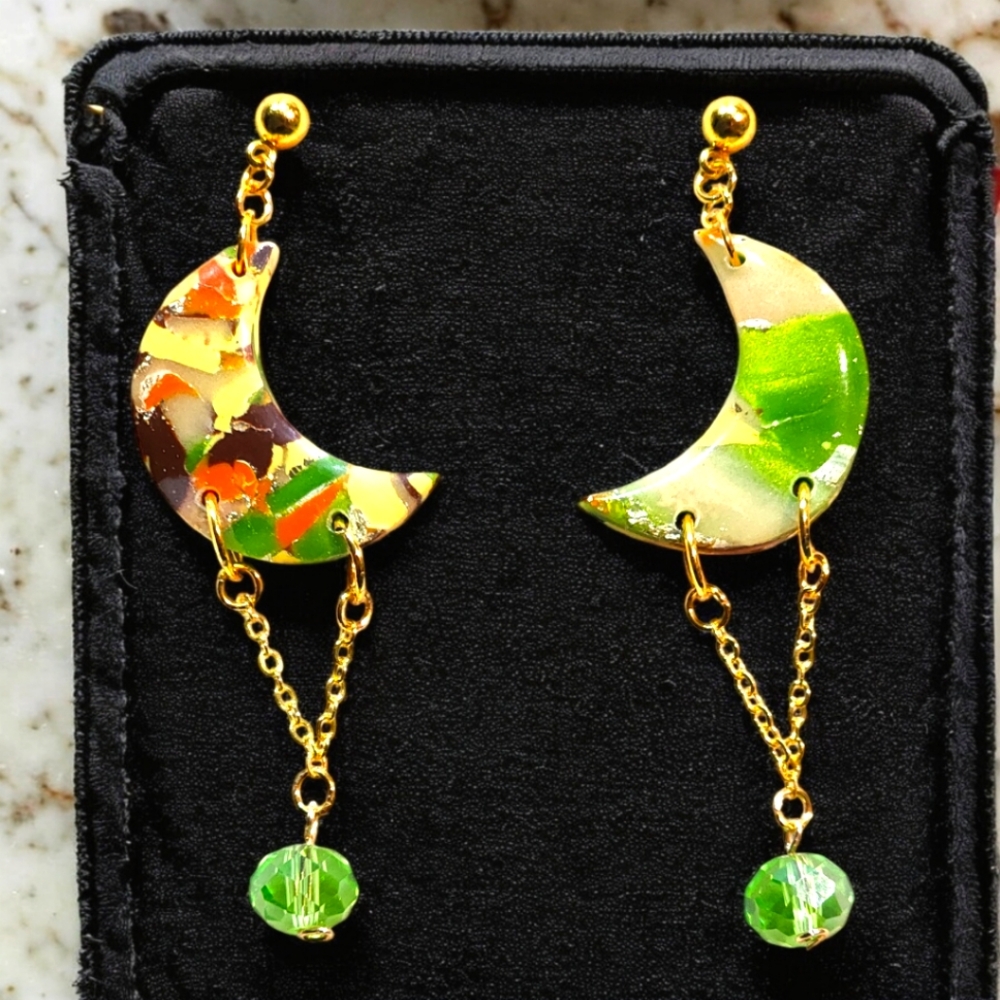 Handmade Glow in the Dark Polymer Clay Crescent moon's with glass bead bottom